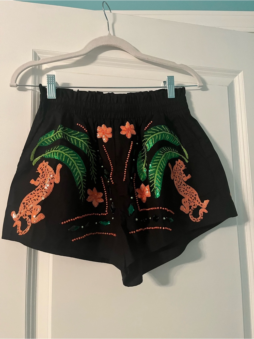 QUEEN OF SPARKLES Black Shorts with Green Palm and Orange Sequin Leopards